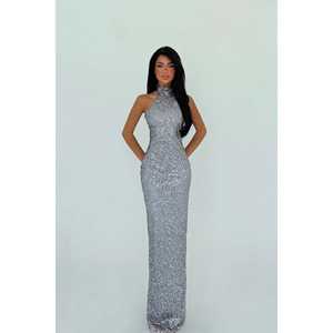 Robe de soirée formelle grise Shion ODM, col montant, brodée, coupe trapèze, silhouette fourreau, taille empire, décoration strass, taille XL - Product Image 3