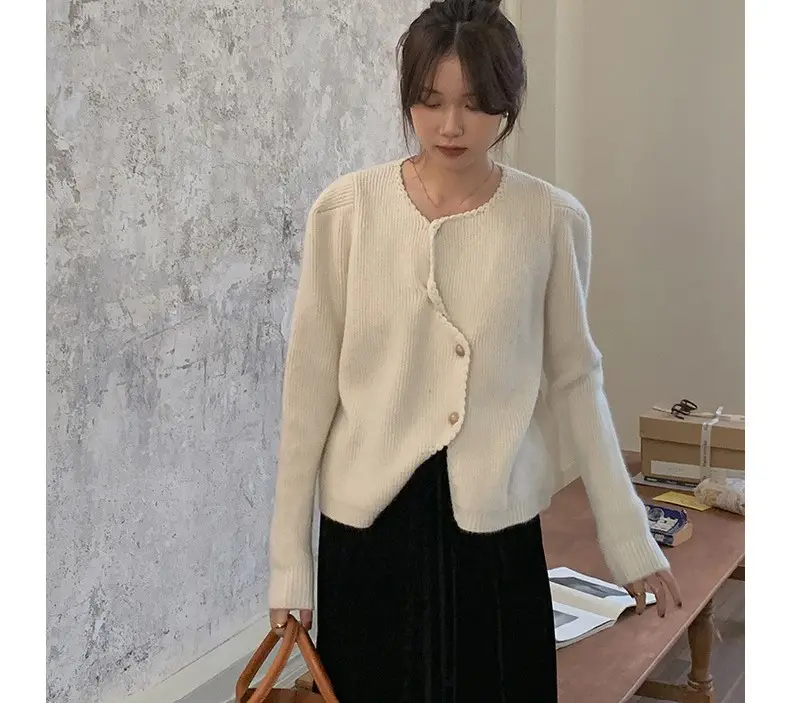 Urban Fashionable White Casual Cardigan Women Single Breasted Wool Cotton Knit Sweater Floral Solid Pattern Winter Dress Custom