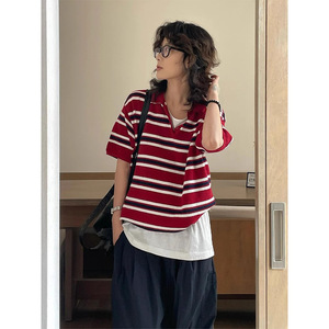 Top Estivo da <span class=keywords><strong>Donna</strong></span> in Maglia di Viscosa e Acrilico a Righe Stile Giapponese Retrò, Manica Corta, Vestibilità Ampia, Stile Preppy Casual - Product Image 2