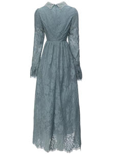 Dantel zarif uzun elbise 2023 sonbahar Lady Peter Pan yaka Allover tığ dantel çiçek desenleri uzun kollu balo parti elbise Maxi - Product Image 2