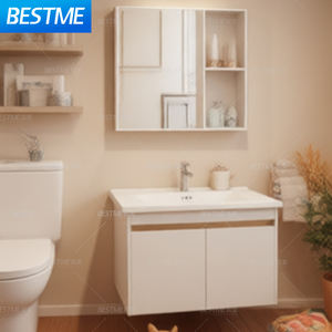 Mueble de Baño Moderno <span class=keywords><strong>Blanco</strong></span> de Aluminio y Madera Maciza <span class=keywords><strong>con</strong></span> Lavabo de Cerámica Resistente al Agua, Gabinete de Doble Puerta, Espejo <span class=keywords><strong>con</strong></span> Detalles Dorados Incluido - Product Image 5