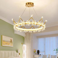 Lustre moderne en cristal doré K9 en forme de fleur pour chambre d'enfant, couronne de princesse pour filles, luminaire suspendu rond à LED pour chambre à coucher, salon