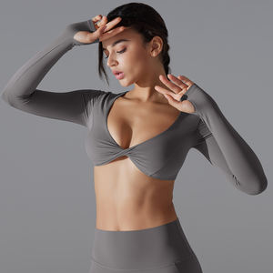 Nouveau Design Yoga Débardeur Court à Manches Longues Femme Course Fitness Yoga Haut <span class=keywords><strong>Soutien</strong></span>-<span class=keywords><strong>Gorge</strong></span> Sportif - Product Image 4