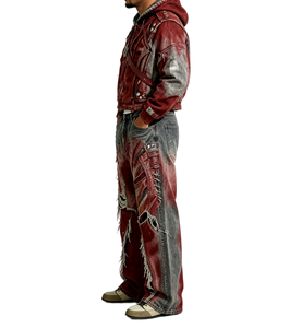 Pantalones Vaqueros SOONREE Rockstar para Hombre, Color Rojo Lodo, Estilo Desgastado Extremo, Rasgados, Estilo Urbano, Corte Acampanado, para Invierno - Product Image 4