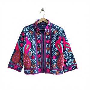 Hand Embroidered Cotton <b>Women's</b> <b>Jacket</b> Floral Bird Pattern Stand Collar Full Sleeve <b>Lightweight</b> Breathable Boho Ethnic Finished - Product Image 1