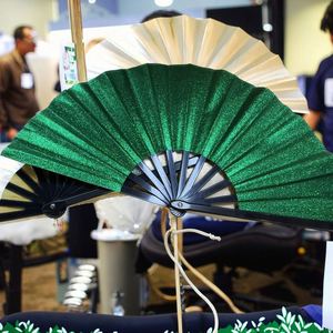 New Arrival 13-Inch Large Portable Bamboo Plastic Hand Fan Eco-Friendly 33cm Green <b>Glitter</b> Rave Carved Decoration Foldable - Product Image 3