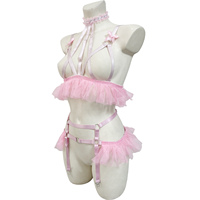 Set Lingerie Erotis Wanita dengan Bra Halter, Tali Garter, dan Renda Bunga Berpayet Pink Custom Grosir, OEM ODM Diterima
