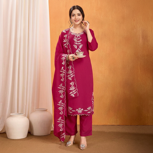 Luxury Magenta Pink Traditional Salwar Kameez Set Silver Zari Embroidery Straight <b>Kurta</b> Pant Indian/Pakistani Wedding Party Wear - Product Image 1