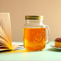 Pot en verre transparent de 500 ml de qualité alimentaire, avec poignée et couvercle métallique, impression personnalisée du logo, pour jus, bière, lait, thé