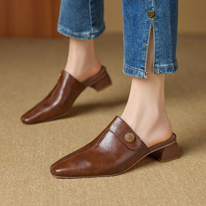 Mules de Cuero Genuino para <span class=keywords><strong>Mujer</strong></span>, Punta Cuadrada, Tacón Cuadrado, Plantilla de Piel de Oveja, Transpirables, Cómodos, Zapatos de Trabajo Profesionales, Color Marrón - Product Image 3
