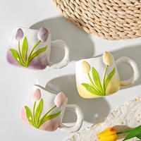Tasse à café en céramique Tulip, écologique, dessin animé mignon, couleur bonbon, style en relief, poignée, emballage en boîte de couleur, haute qualité, usage domestique