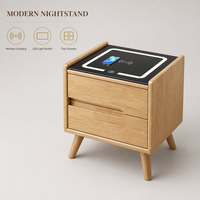 Mesita de Noche Moderna de Madera con Carga Inalámbrica, Luz LED y Dos Cajones para Dormitorio de Hotel o Apartamento