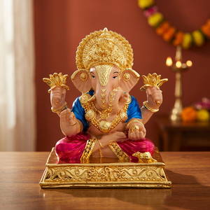 Ídolo de Ganesha de acero inoxidable hecho a mano de 5 pulgadas con corona chapada en oro y detalles de loto para decoración de bodas, salas de púja y Diwali. - Product Image 3