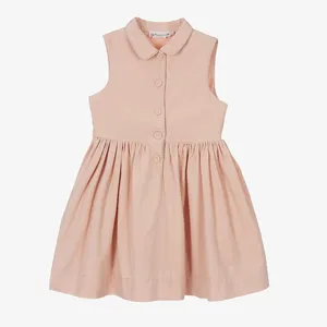 Gaun anak perempuan bayi warna merah muda label pribadi untuk anak-anak kerah lipat gaun anak-anak untuk anak perempuan dengan kancing gaun anak perempuan