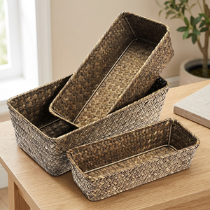Rectangle Seagrass Woven Storage Baskets Set of 4 <b>Rustic</b> Kitchen Organization Containers for Neatening and Display - Product Image 4