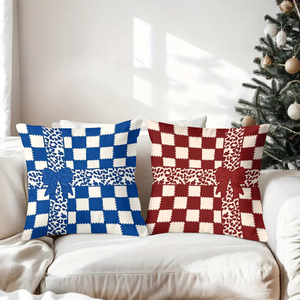 Christmas checkered pillow with bow design for festive home decor - Product Image 3