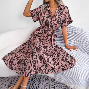 Abito chemisier <span class=keywords><strong>lungo</strong></span> in chiffon a vita alta con stampa leopardata, allacciatura e vestibilità ampia, stile casual euro-americano, Collezione Primavera/Estate - Product Image 3