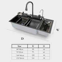 Évier de cuisine intelligent multifonctionnel en acier inoxydable noir moderne, style cascade, avec affichage numérique