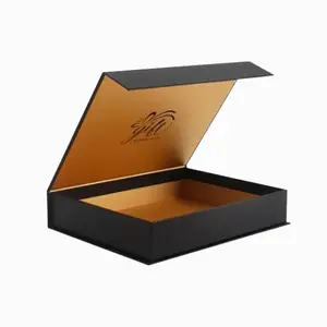 صندوق هدايا من الورق المقوى فاخر مخصص أسود مغناطيسي على شكل كتاب قابل للطي صندوق تعبئة مع شعار