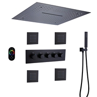 Ensemble de douche thermostatique mural moderne Hongdec en laiton noir mat avec mitigeur à poignée unique, cartouche céramique, fonction musique et LED