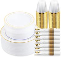 Ensemble de vaisselle jetable en plastique doré de 350 pièces comprenant 100 assiettes, 50 gobelets, 50 serviettes pré-roulées avec couverts pour 50 invités