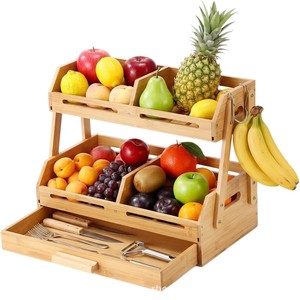 Wooden Double Layer Storage <b>Rack</b> With Drawer <b>Kitchen</b> Countertop Organizer For Spices Canned Food And Utensils - Product Image 2