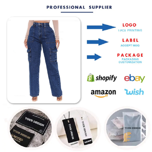 YQY9402 Meilleures ventes : Jean cargo ample pour femme, taille haute, avec ceinture élastique, coupe ample et jambe large en denim - Product Image 3