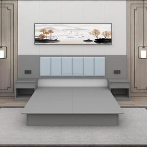 Custom Low Cost 3 Star Hotel Bedroom Furniture Sets with Platform Bed Frame Padded <b>Headboard</b> <b>Panel</b> and Integrated Nightstands - Product Image 5