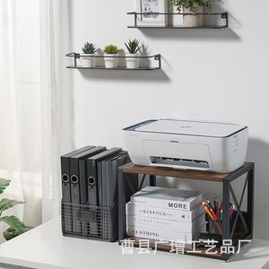 Wooden Desktop <b>Storage</b> Rack Double Layer <b>File</b> Organizer For Office Printer And Documents Brown Standing Type - Product Image 1
