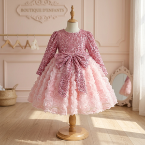 Robe de soirée rose à sequins sans manches pour filles, longueur midi, avec nœud, tenue d'anniversaire, couture durable, Vietnam - Product Image 3