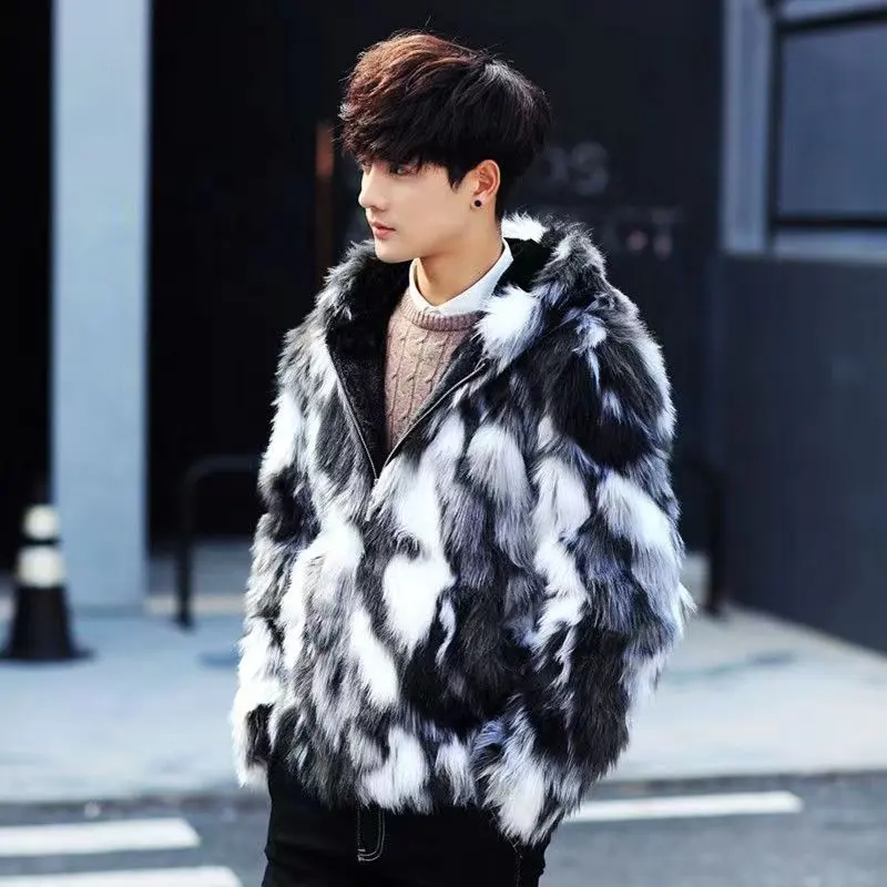 Autumn and winter imitation mink fur plush coat fashionable men long leather coat flower windbreaker coat
