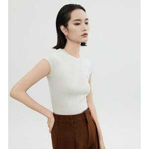 <span class=keywords><strong>Pull</strong></span> en laine 18GG pour femmes coréennes, printemps, t-shirt, coupe ajustée, col rond, <span class=keywords><strong>sans</strong></span> manches, couleur unie, 100% laine pure, tricot - Product Image 4