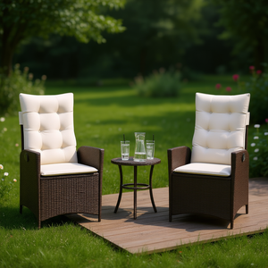 Set Of 2 <b>Reclining</b> Brown Rattan <b>Garden</b> <b>Chairs</b> With Cream <b>Cushions</b> Outdoor Furniture - Product Image 2