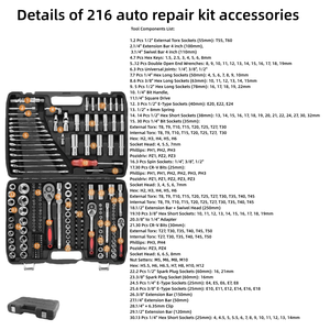 Juego de Herramientas Profesional para Reparación de Automóviles de 216 Piezas, Acero al Cromo Vanadio OEM, Estuche Rígido, Operado Manualmente, 46x32x9cm, Juego de Llaves de Tubo con Trinquete - Product Image 6