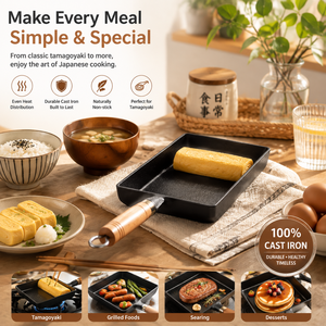 Poêle à omelette japonaise en fonte rectangulaire Tamagoyaki avec poignée en bois et boucle de suspension, compatible cuisinière, pour cuisine - Product Image 4