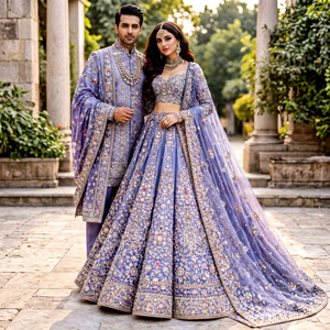 Blue Embroidered Chiffon Lehenga <b>Suit</b> With Dupatta with matching sherwani Traditional <b>Wedding</b> <b>Dress</b> <b>For</b> <b>Women</b> India Pakistan - Product Image 1