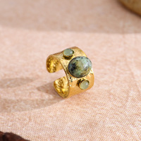 Nouvelle Mode Vintage Style Étanche 18K PVD Plaqué Or Rétro En Acier Inoxydable Turquoise Ouvert Large Bande Anneaux pour Femmes