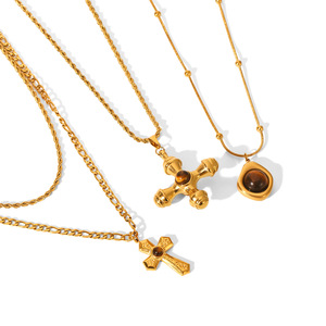 クロスペンダントネックレスステンレス18K金メッキ自然石セーターチェーンネックレス - Product Image 5