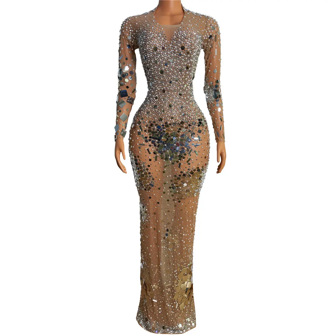 2023 Hot Selling Maxi Glitter Rhinestone Women Gowns Evening Dress Formal Shiny Luxury Party Mesh Dress Sexy Transparent
