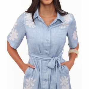 Nuevo Vestido Camisero de Lino con Cinturón y Bordado Floral para Mujer, Vestido Mini Casual de Manga Corta con Botones - Product Image 4