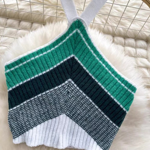 Custom Made Color Blocked Knit Halter Top And High Waisted Bodycon Skirt <b>Set</b> For Women Summer Wear - Product Image 2