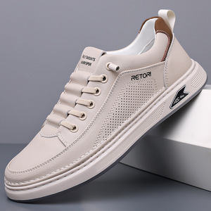 Retori Men's White <b>Sneakers</b> Breathable <b>Leather</b> Low Heel Casual Walking Shoes - Product Image 1