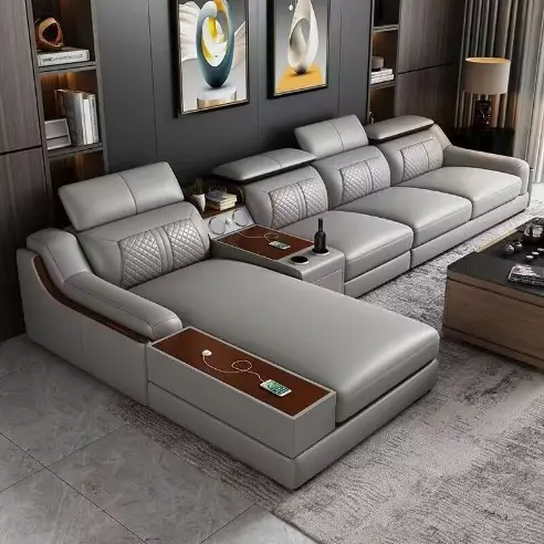 Sofá de couro moderno luxuoso estilo nórdico, combinação em forma de L para móveis de hotel e apartamento, sofá de sala de estar