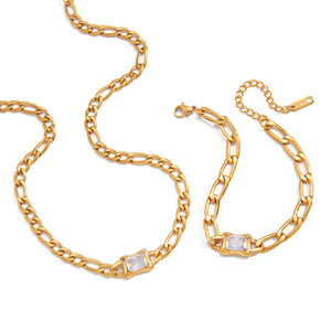 Gold Chain Necklace And <b>Bracelet</b> <b>Set</b> With Square Zircon Bezel Setting For Everyday Wear - Product Image 5