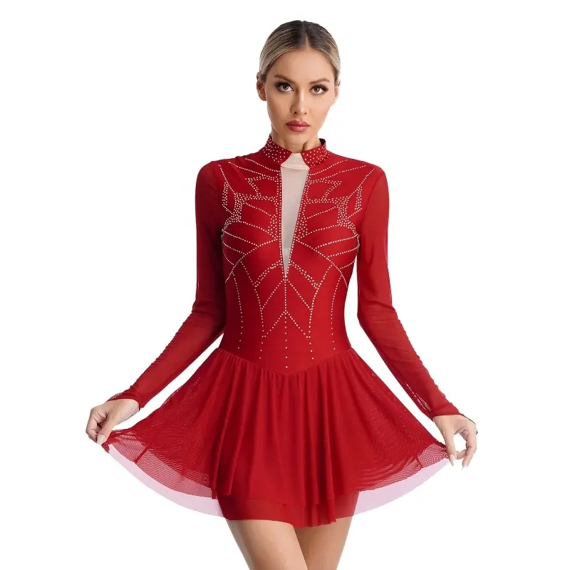 Vestido de patinação artística feminino com strass para competição de performance, vestido de dança de manga comprida