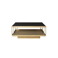 Table basse carrée moderne à double plateau, cadre en métal doré, plateau en verre trempé noir de luxe, meubles de salon