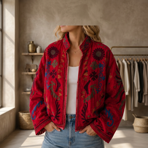 Red Embroidered <b>Mandarin</b> <b>Collar</b> <b>Jacket</b> Women's Boxy Fit Floral Pattern Open Closure Autumn Outerwear Woven Velvet Coat - Product Image 1