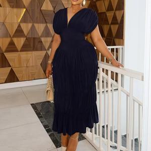 Robe Midi Femme Tendance à Col en V, Manches Bouffantes, Coupe Moulante et Volants – Grande Vente - Product Image 3