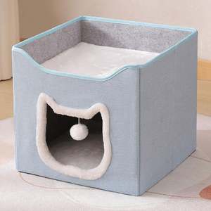 Grand lit pour chat moderne et mignon avec griffoir et boule moelleuse, cachette pliable pour chat - Product Image 5