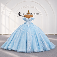 Lsdz023-Pz Superbe Robe de Quinceañera Bleu Ciel avec Manches Courtes à Volants, Appliques Florales en Dentelle Scintillante, Coupe Princesse Jancemebr